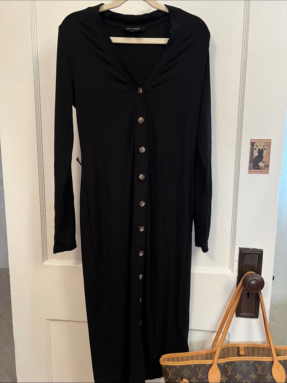Slinky Long Black Button-Front Long-Sleeve Dress